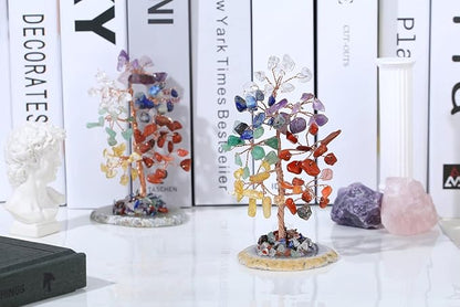7 Chakra Healing Crystal Tree of Life Natural Gemstone Agate Slice Base Copper Wire Wrapped Money Trees Feng Shui Reiki Spiritual Energy Decorations Home Office Room Desk Decor Gifts for Women Men