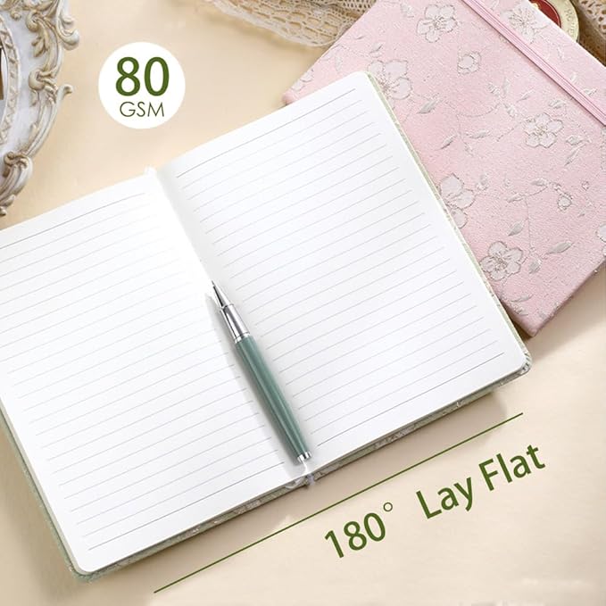 A5 Notebook, Ruled Paper, Lined Page, Hardcover, Layflat, Linen Cover, Flower Fabric, Journal for Women, Elastic Band Closure, Cute Notebooks for School, Office, Personal Writing, Green