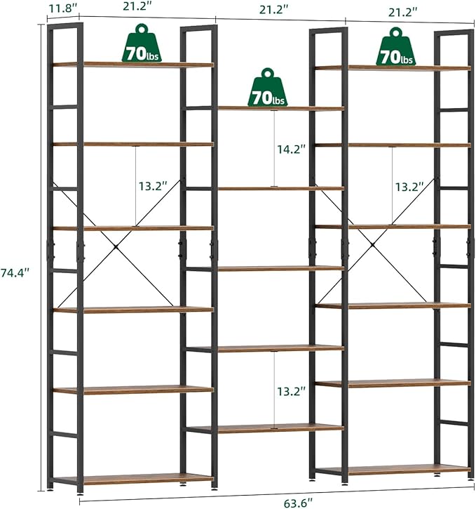 OTK Triple Wide 6 Tier Bookshelf, Rustic Industrial Style Bookcases with 14 Open Display Shelves, Wide Bookshelves for Bedroom, Living Room and Home Office, Rustic Brown