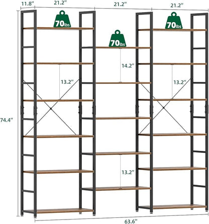 OTK Triple Wide 6 Tier Bookshelf, Rustic Industrial Style Bookcases with 14 Open Display Shelves, Wide Bookshelves for Bedroom, Living Room and Home Office, Rustic Brown