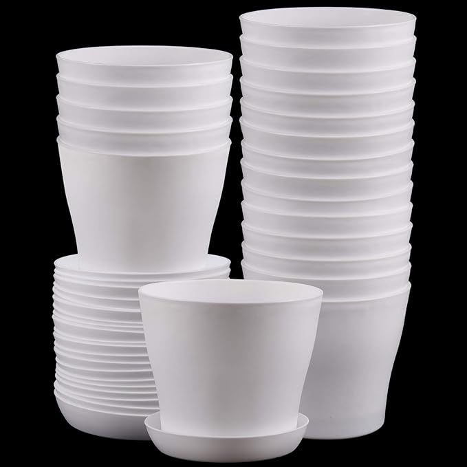 20 Pack 5.5 Inches Plastic Planters with Saucers, Modern Decorative Flower Plant Pots, Decorative Gardening Pots with Drainage for Plants, Succulents, Seed Nursery, Flower, White
