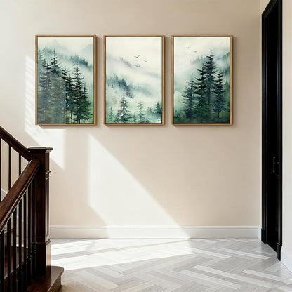 Anyzal Large Foggy Forest Wall Art Decor Framed Abstract Misty Mountain Artwork Prints for Living Room Bedroom Office 16x24 Inch Set of 3