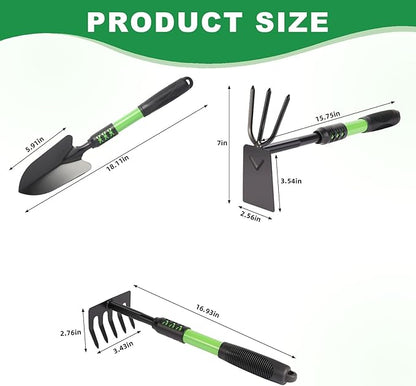 Garden Tool Set, 3 Pack Gardening Tools, Stainless Steel Heavy Duty Hand Cultivator, Hoes, Shovel, for Planting Weeding Digging, Green