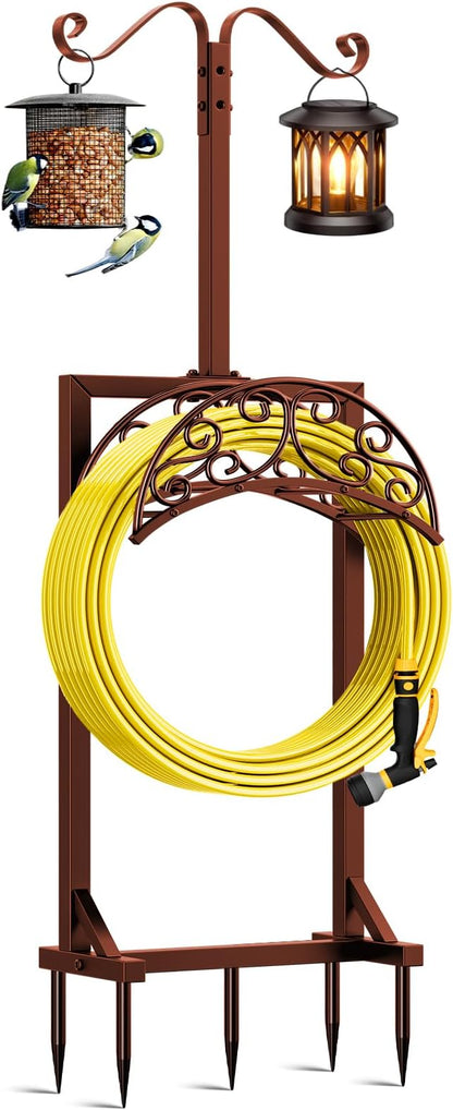 Garden Hose Holder - Upgraded Water Hose Holders for Outside with 5 Spikes & 2 Shepherds Hooks, Freestanding Hose Stand Hose Hanger Hose Storage Hose Reel Rack for Yard Lawn(Brown)