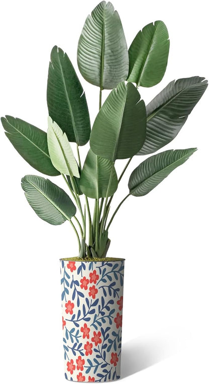 Artificial Tree in Contemporary Daisy Flower Pattern Planter, Fake Bird of Paradise Silk Tree for Indoor and Outdoor Home Decoration - 67" Overall Tall (Plant Pot Plus Tree)