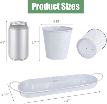4" Herb Garden Planter Kit, Indoor Herb Planters with Tray, Set of 3 Metal Windowsill Pots for Flower Plants with Drainage Hole, Customizable Labels & Marker Pen, White