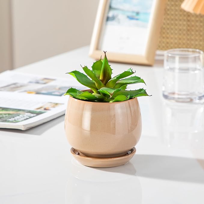 vancasso 3-Pack Ceramic Plant Pots, 3.7/4.8/6.2 Inch Indoor Planters with Saucers & Drainage Hole Planter pots for Indoor Plants and Flower, Brown