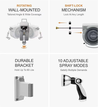 66 FT x 5/8" Retractable Garden Hose Reel by HOZEREEL, Outdoor Garden Hose Reels - Automatic Self Retract Wall Mount Hose Reel Enclosed Storage, Any Length Lock, 10 Pattern Nozzle-Grey