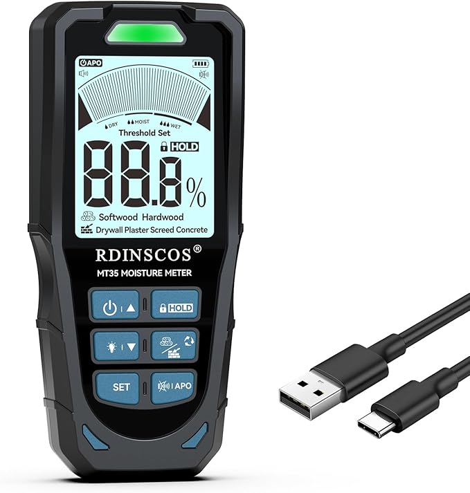 Pinless Moisture Meter for Drywall & Concrete – Digital Drywall Moisture Tester with 3-Color LCD Display, Audible Alarm & HOLD Function – Ideal for Firewood, Lumber, Home Inspections (Black)