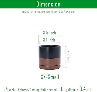 D'vine Dev 3.5 Inch Ceramic Planter Pot with Drainage Hole and Saucer, Indoor Cylinder Round Planter Pot, Black/Speckled Tan, 94-O-A-7