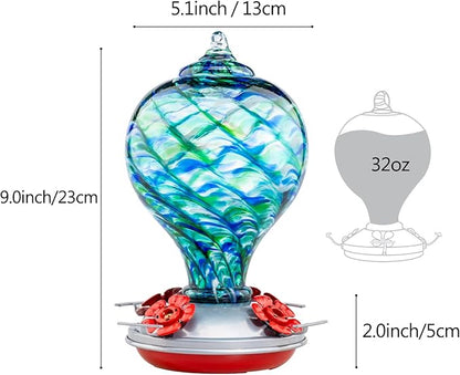 Muse Garden Hummingbird Feeder Hand Blown Glass Decor for Backyard, Gift for Hummingbird Lovers, Unique Gardening Gift (Blue Mermaid) 32OZ