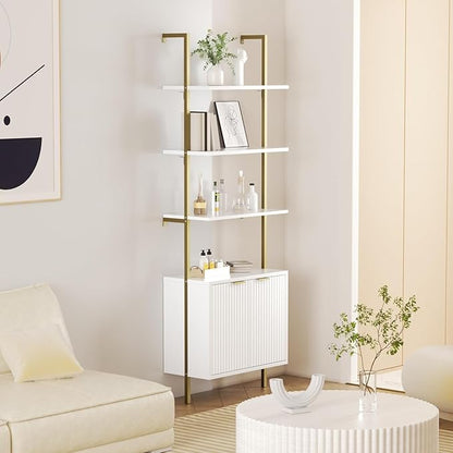 Ladder Bookshelf with Cabinet, 71" Tall Wall Mounted Bookcase with Shelves & Storage, Fluted Ladder Shelf with Metal Frame, 5-Tier Display Rack for Living Room, Home & Office, Bedroom, White & Gold