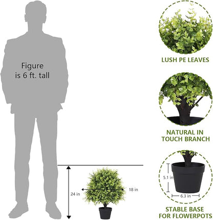 24" Faux Boxwood Plants Outdoor, Artificial Topiary Ball Trees Set of 2, UV Resistant Fake Potted Evergreen Realistic Greenery Bushes Shrubs for Outside Front Porch Planter Patio Indoor Decor 2ft Tall