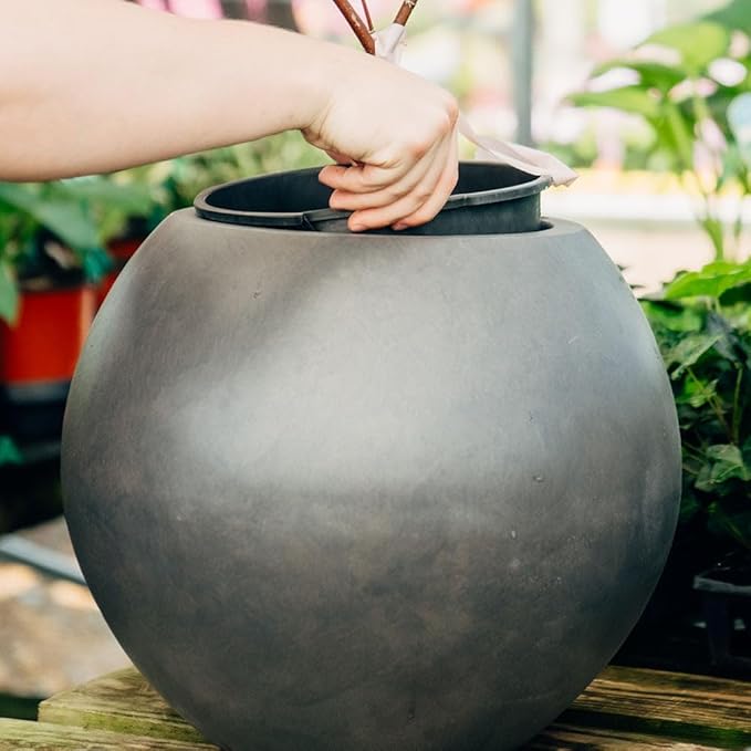 Ash & Ember 24" Round Sphere Charcoal Planter, 46 Gallon Lightweight Fiberstone Composite with Weather-Resistant Finish, Modern Planter Pot for Indoor and Outdoor Plants