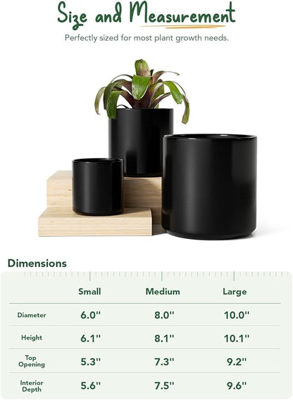 LE TAUCI Ceramic Pots for Plants, 10+8+6 Inch Indoor Plant Pots, Modern Planters for Indoor Plants Home Office, Cylinder Planters with Drainage Hole and Plug, Set of 3, Black