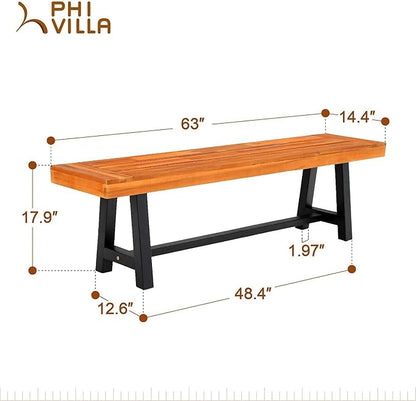 PHI VILLA Outdoor Acacia Wood Bench, 2 Pieces 63" Patio Picnic Bench, Supports 550lbs, Classic Brown and Black