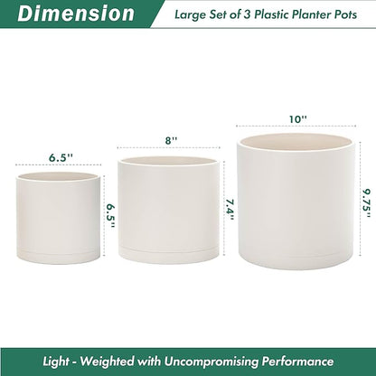 D'vine Dev 6.5 Inch 8 Inch 10 Inch, Set of 3 Plastic Planter Pots for Plants with Drainage Hole and Seamless Saucer, Oatmeal, Large, 74-V-H-4