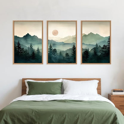 LHIUEM Large Boho Mountain Framed Wall Art Set,Green Foggy Forest Wall Painting,Abstract Nature Sunrise Artwork,Watercolor Pine Tree Wall Decor for Living Room,Bedroom,Office-24''x36''x3