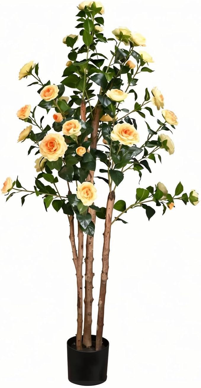 5ft Decorative Artificial Camellia Tree with Yellow Flowers, Potted Faux Floral Plant, Realistic Blooming Fake Plants for Indoor Outdoor Home Front Door Planter Decor