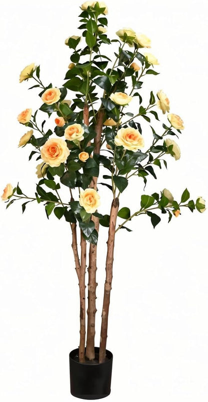 5ft Decorative Artificial Camellia Tree with Yellow Flowers, Potted Faux Floral Plant, Realistic Blooming Fake Plants for Indoor Outdoor Home Front Door Planter Decor