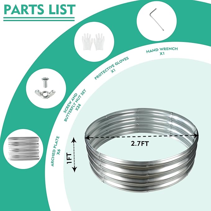 2.7FT Diameter Galvanized Garden Raised Bed/Plant Box/Fire Pit Ring-0.8mm Thick,12 Inch Tall,Crimped Edge and Corner,No Sharpe,Perfect for Plantings (Silver, 32 Dia X 11.5 inches)