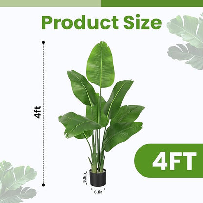 Artificial Bird of Paradise Plant, Faus Palme Trees, 4FT Tall Faux Tree for Indoor and Outdoor, Artificial Plants with Basic Planter, Suitable for Home, Bathroom, Porch Outside Patio Decor