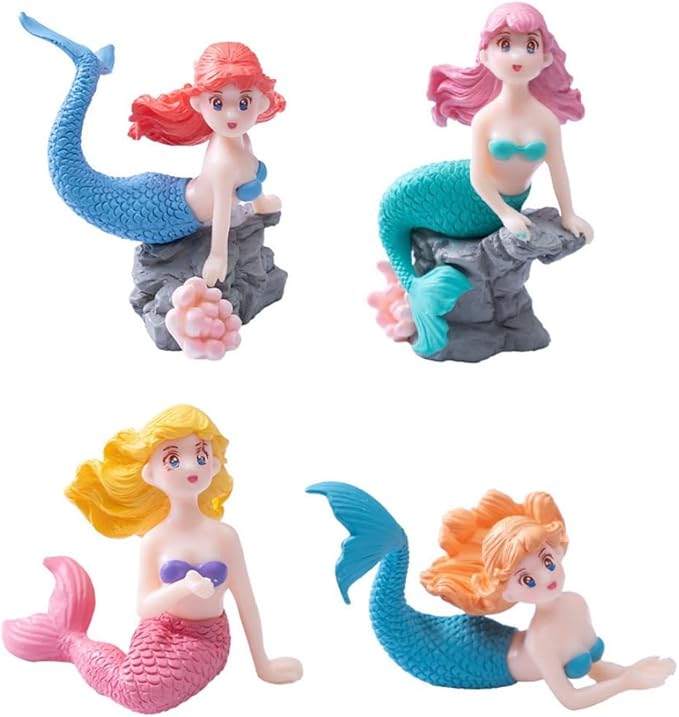 Mermaid Fairy Garden Accessories，Miniature Mermaid Figurines for Crafts, Terrarium, Miniature Moss Landscape Decorations, Birthday Cake Decoration， Car Decor， Party Supplies, Ideal Gifts, 4 Pcs