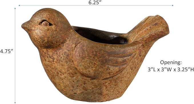 Classic Home and Garden Cement Buddies Animal Planter - Cute Desk Decoration - UV Coated Animal Vase w/Removable Drain Plug - Succulent Planter for Indoor/Outdoor Use (Bird Planter, Rust, Small)