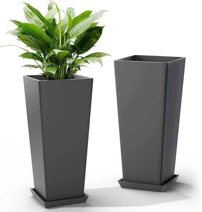 24 Inch Tall Tapered Square Planters (Set of 2) - Indoor Outdoor Large Flower Pots with Built-in Drainage & Matching Water Tray for Patio, Garden, Home - Gray