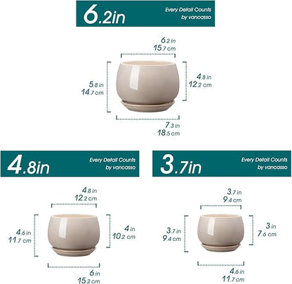 vancasso 3-Pack Ceramic Plant Pots, 3.7/4.8/6.2 Inch Indoor Planters with Saucers & Drainage Hole Planter pots for Indoor Plants and Flower, Gray