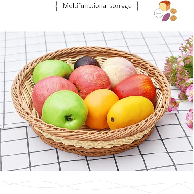 RT&BS 2pcs Round Wicker Bread Basket, Christmas Food Baskets, Eco-Friendly Sturdy Stackable Fruit Basket for Kitchen, Store, Restaurant, Party (Bicolor, M)