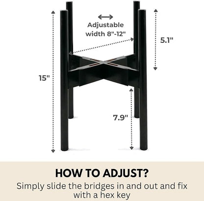 Fox & Fern Adjustable Plant Stand Indoor — 8 to 12 Inch Premium Mid Century Bamboo Plant Stand with Adjustable Width; Plug In Design; Easy to Assemble; Two Heights - For 8, 9, 10, 11 & 12 Inch Pots