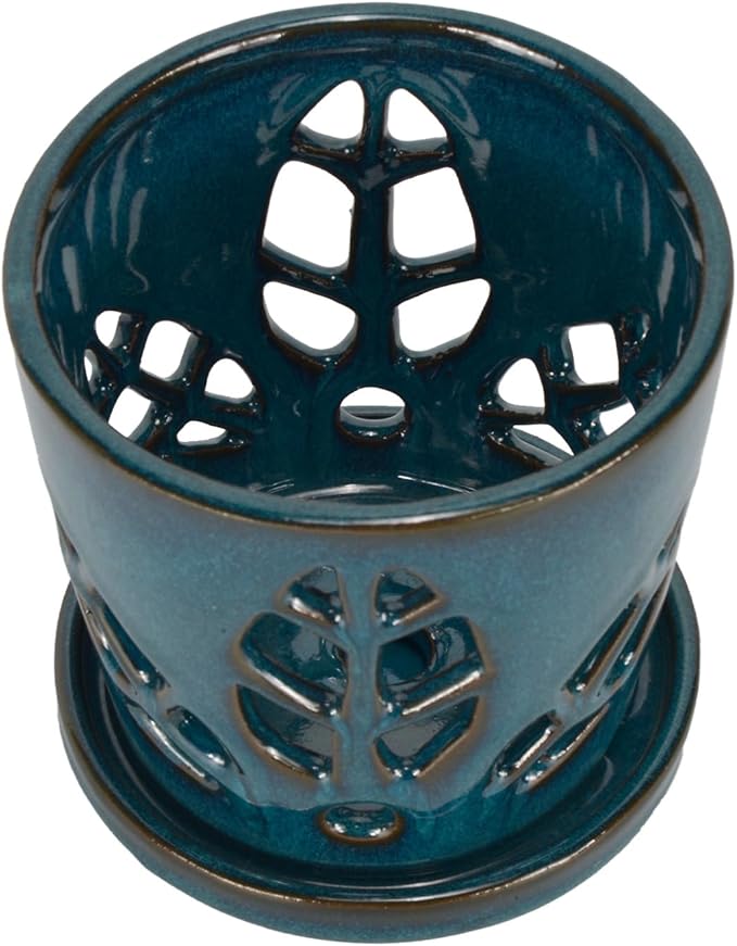 W&W Orchid Pot with Holes and Saucer for Repotting, Teal, 5.5 Inches