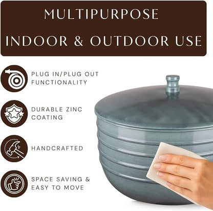 Monarch Abode Garden Hose Holder with Lid – Decorative Water Hose Holders for Outside, Border Embossed Metal Patina Pot with Drainage, 100ft Waterhose Holder for Outside, Garden Storage Caddy