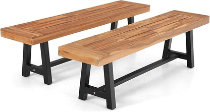 MFSTUDIO Outdoor Garden Bench Set of 2, 63" Acacia Wood Patio Dining Bench, Wooden Park Front Porch Benches for Backyard Outside, 2 Pack, Teak