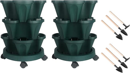 GameXcel Vertical Planter 3 Tier Stackable Planters Garden Planters Strawberry Herb Flower and Vegetable Planter Indoor Outdoor Gardening Pots with Removable Wheels and Tools 2-Pack