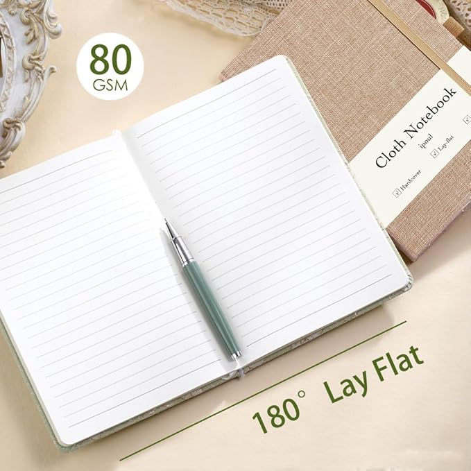 ipoul Linen Journal, A5, 8x6, Ruled Notebook, Journal for Writing, Hardcover, Lay Flat, with Band Closure & Pen Holder, Pink