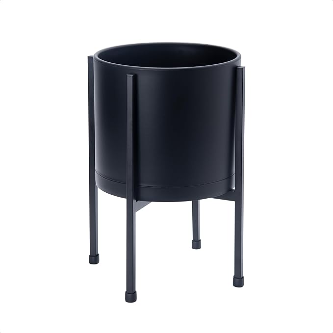 D'vine Dev 8 Inch Black Planter Pot with Stand – Modern Plastic Cylinder Flower Pot with Heavy-Duty Metal Stand for Indoor Plants, 55-D-B-1