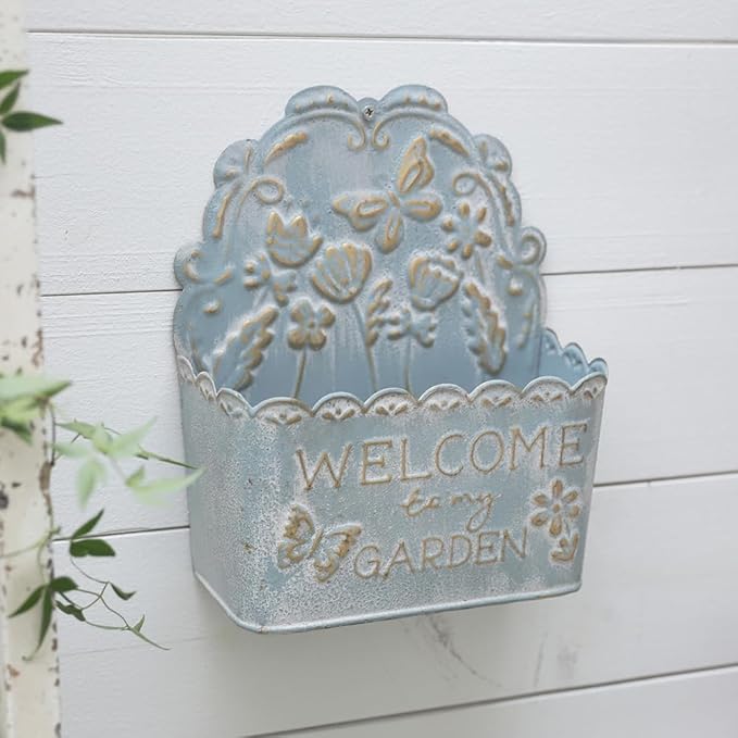Decorative Hanging Wall Basket Shabby Chic Wall Planter for Indoor Planters Decor Blue Wall Planter Holder Metal Hanging Planter Wall Mounted Planter for Farmhouse Garden Wall Decor