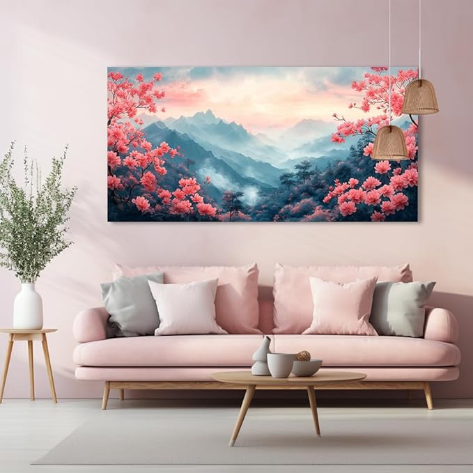 IDAFU Pink Mountain Wall Art for Living Room Office Beautiful Floral Flower Painting Prints Mountain Flowers Landscape Canvas Artwork Girls Bedroom Decor Ready to Hang (24x48 Inches)