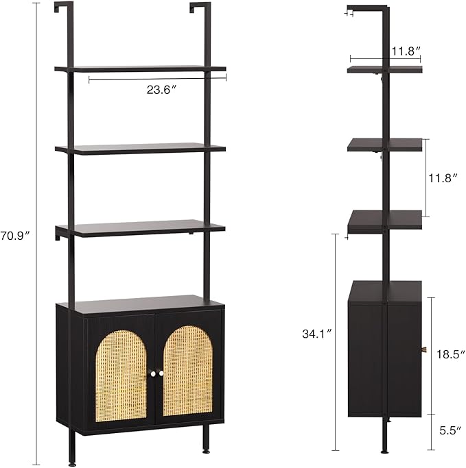Set of 2 Tall Bookshelf with Storage, 6 Tier Ladder Bookshelf with Rattan Cabinet, Wall Mounted Bookcase with Doors & Metal Frame for Living Room, Bathroom, Home Office, Black