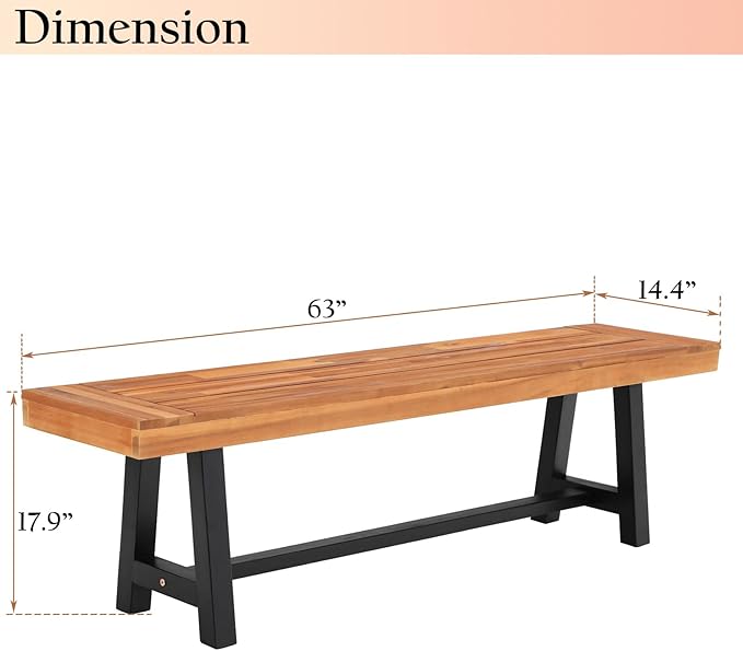 Sophia & William Outdoor Bench Garden Bench Wood 63", Patio Dining Bench Weatherproof, Wooden Park Front Porch Benches for Outside, Backless Acacia Wood Bench Long Narrow Clearance, Teak