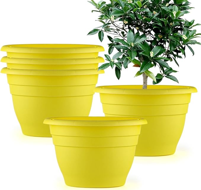 Plant Pots Set of 5 for Indoor & Outdoor Plants,10 Inch Lightweight Plastic Planters with Drainage Holes,Flower Pots for Healthy Root Growth(Yellow)