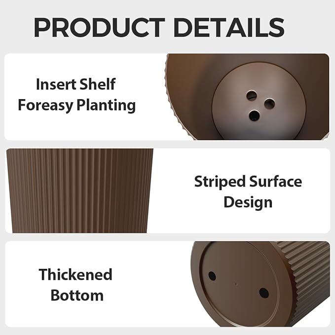 Tall Outdoor Planter Set of 2-23.6" Large Striped Plastic Flower Pots, Decorative Indoor/Outdoor Planters for Porch, Patio, Balcony & Garden, Brown