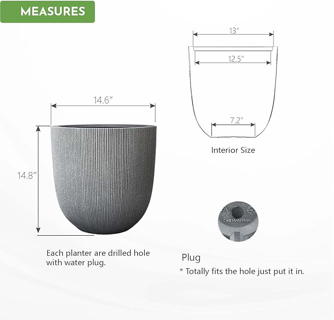 14.8" Tall Round Plastic Planter for Indoor Outdoor Plants, Large Indoor Outdoor Plant Pots with Drainage Hole and Plug, Flower Pots for Plants, Modern Decorative Planter Pots for Home Garden Patio