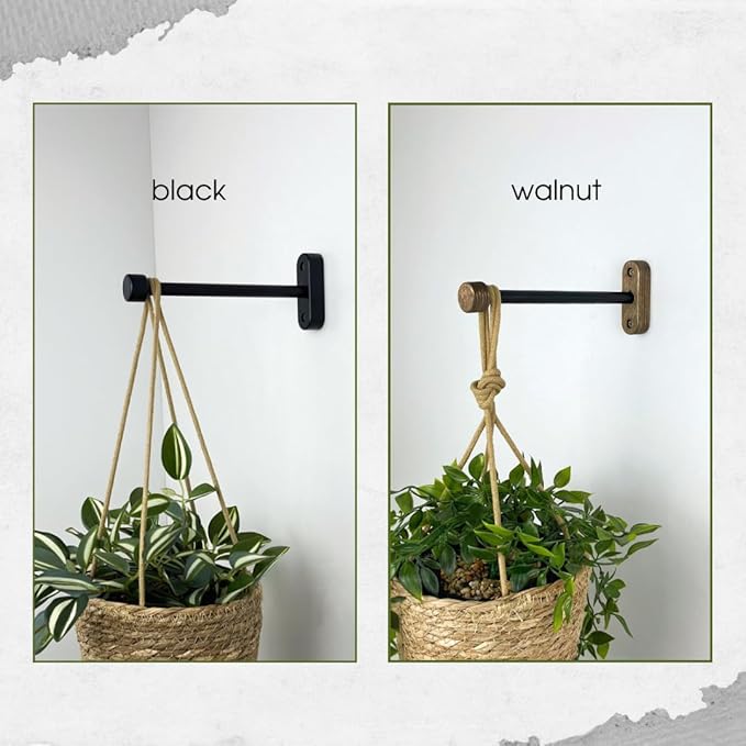 EvenWood 2-Piece Set of Wooden Plant Hooks for Wall with Sturdy Metal Tube - Plant Wall Hanger for Pots, Flower Brackets - Bracket Plant Hanger for Indoor and Outdoor Decorations (Walnut, 8 Inch)