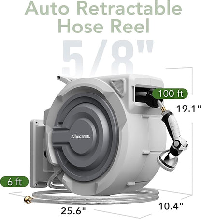5/8" x 100 FT Retractable Garden Hose Reel by HOZEREEL, Outdoor Garden Hose Reels - Automatic Self Retract Wall Mount Hose Reel Enclosed Storage, Any Length Lock, 10 Pattern Nozzle-Grey
