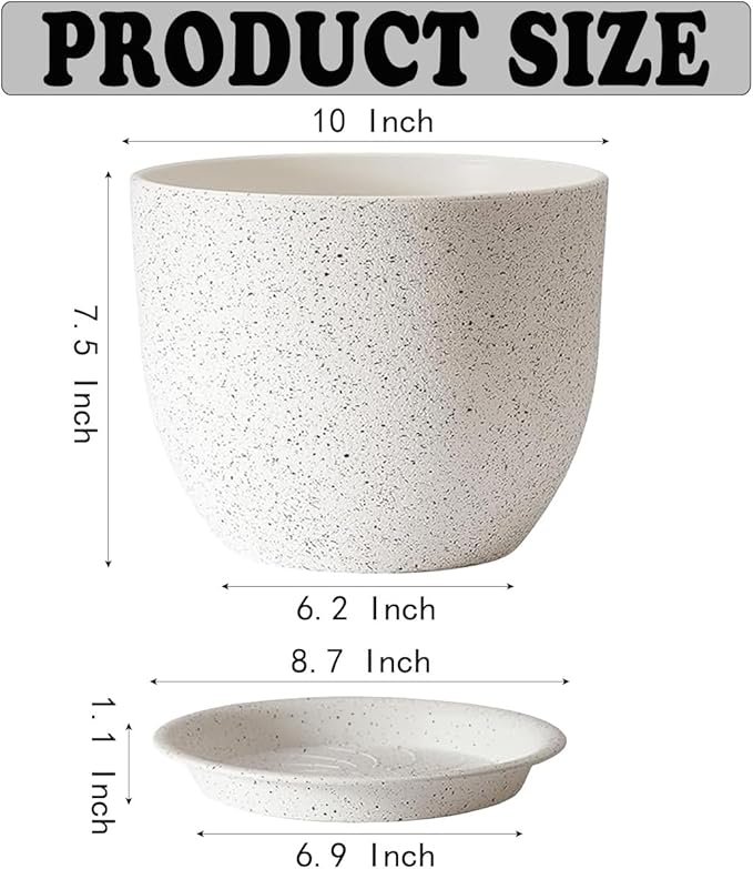 3 X 10Inch Plant Pots Set for Indoor Outdoor, Flower Pots for House, Plant Planters Pots with Drainage Hole and Saucer Plastic Decoration Pot, Speckled White