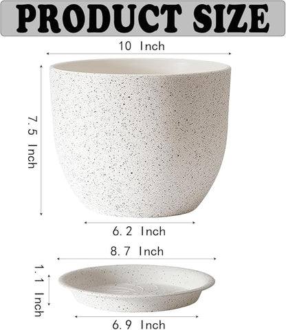 3 X 10Inch Plant Pots Set for Indoor Outdoor, Flower Pots for House, Plant Planters Pots with Drainage Hole and Saucer Plastic Decoration Pot, Speckled White