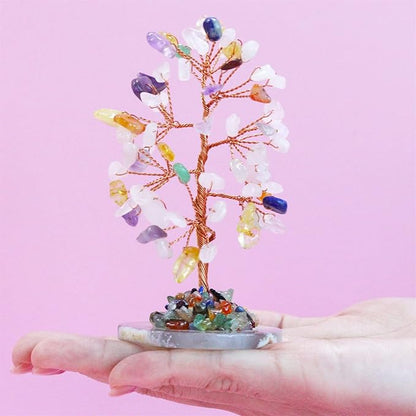 Muticolor Healing Crystal Tree of Life Natural Gemstone Agate Slice Base Copper Wire Wrapped Money Trees Feng Shui Reiki Spiritual Energy Decorations Home Office Room Desk Decor Gifts for Women Men